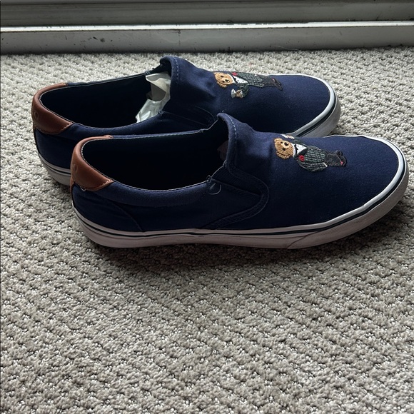 Polo by Ralph Lauren Navy Loafers with Bear Embroidery - Picture 2 of 5